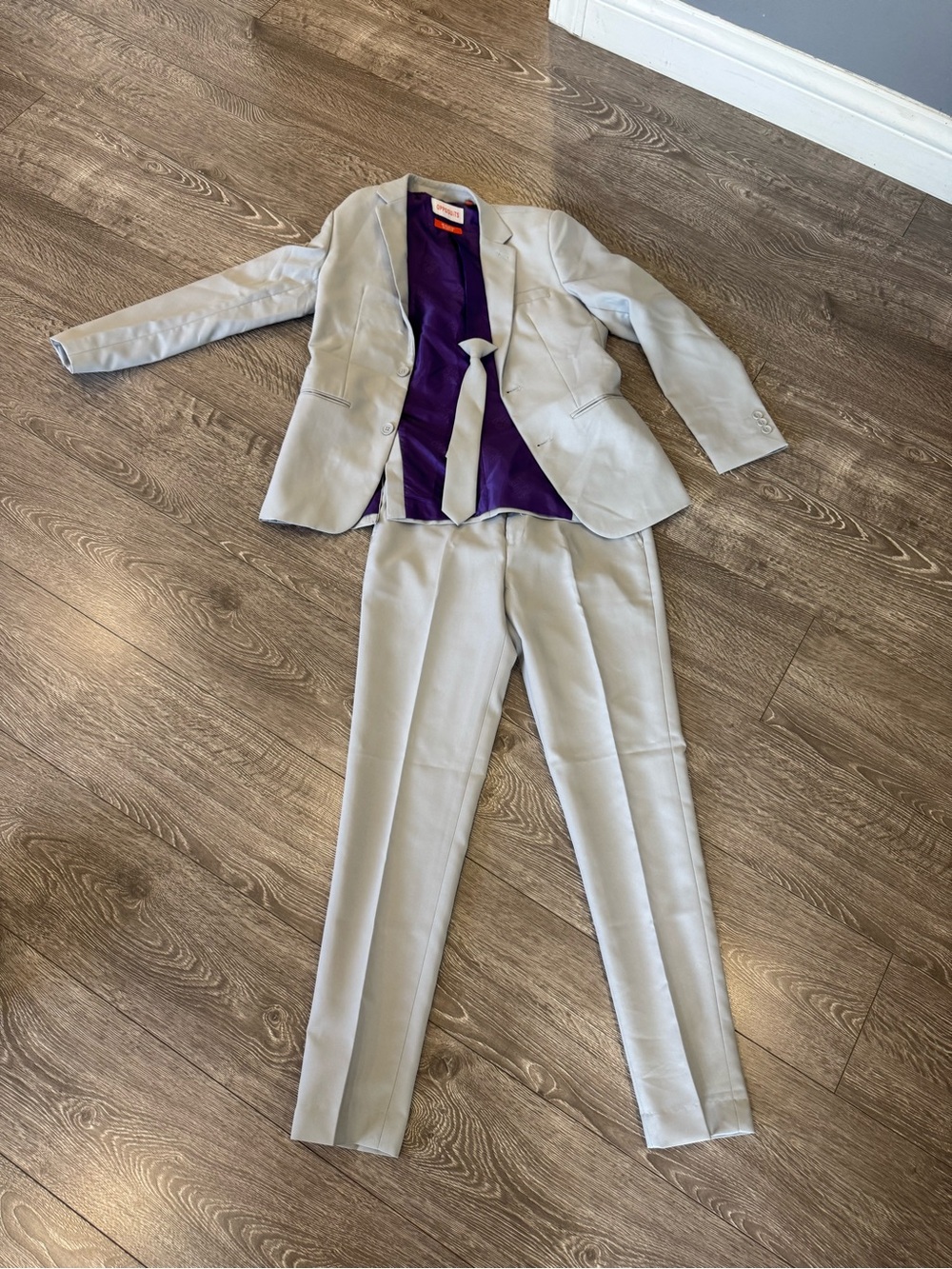 OppoSuits Light Gray Kids Two-Piece Suit with Purple Lining